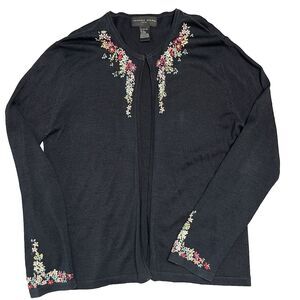 AUGUST SILK Embroidered Flowers 100% Silk Black Knit Open Cardigan XL Grannycore
